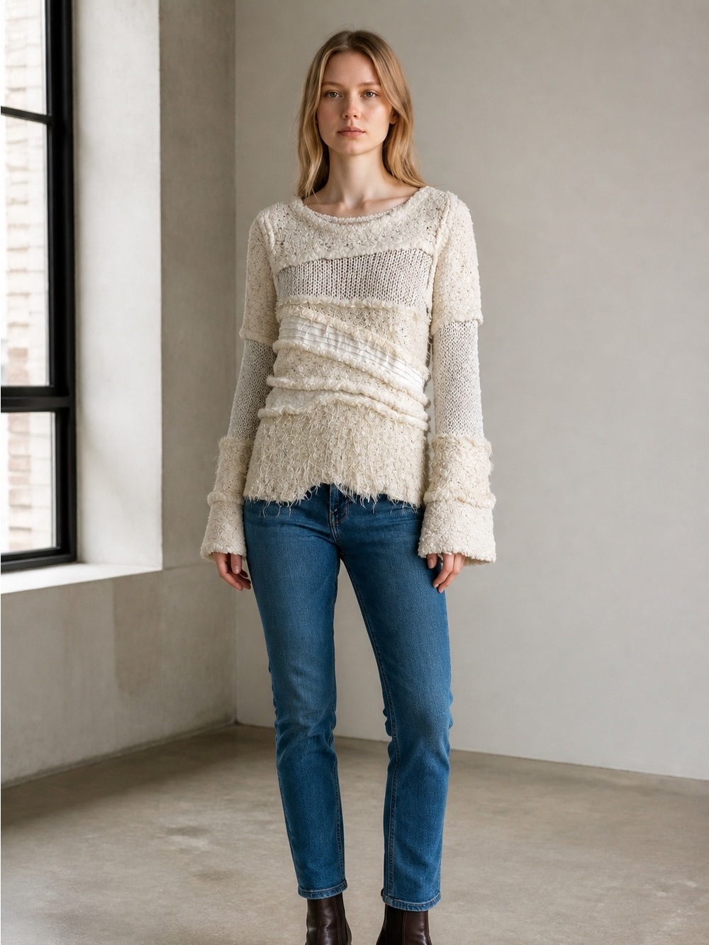 Ritsuko Shirahama Patchwork Textured Knit Sweater 2 Ivory Japan Boho Artsy Rare